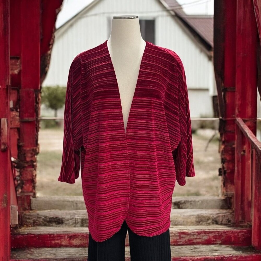 Red Velvet Striped Oversized Open‎ Front Cardigan Kimono M Lightweight Boho Chic